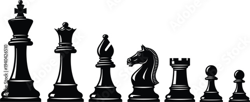 Black silhouette of chess pieces king queen bishop knight rook and pawns game strategy