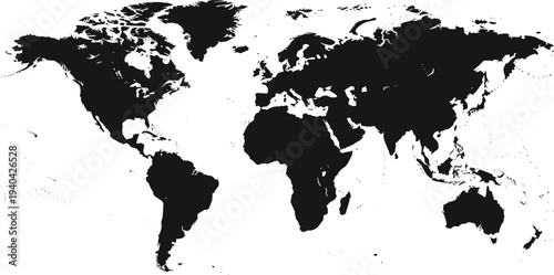 Black Silhouette World Map with Continents and Islands globe earth