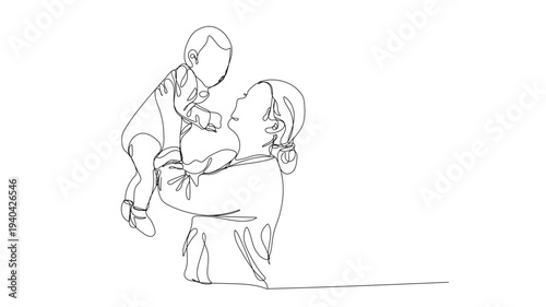 Mother Holding Baby , continuous line art ,  vector illustration