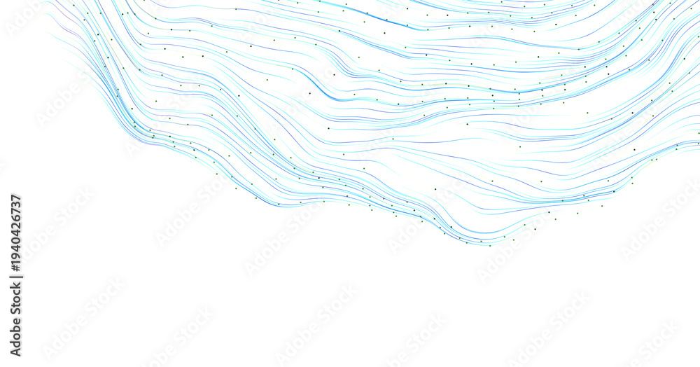 Fototapeta premium Abstract design with flowing blue lines and subtle dots over white space. Ideal for backgrounds and concepts like data v