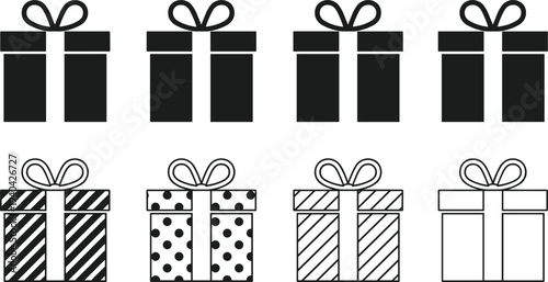 Collection of eight gift box icons with bows in black and white and patterned designs Keywords: gift box, present, gift, box