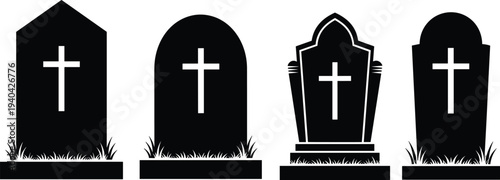 Collection of Four Black Silhouettes of Gravestones with Crosses and Grass Keywords: gravestone, tombstone, headstone, cross
