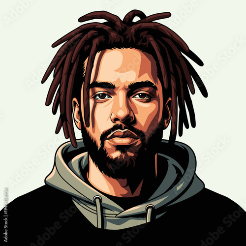 Portrait of a stylish man with dreadlocks and beard, looking at camera