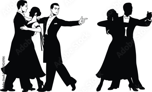 Elegant Couple Dancing Ballroom Dance Silhouette on White Background ballroom dancing