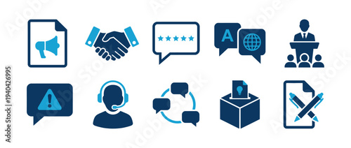 Public Relations and Corporate Communication solid icon set. Containing icons for Announcement, Partnership, Feedback, Translation, Public Speaking, Support, and collaborative Networking elements.