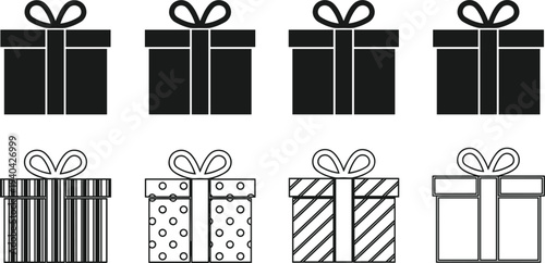 Eight Gift Boxes with Ribbons in Solid and Patterned Designs Keywords: gift box, present, surprise, celebration, holiday