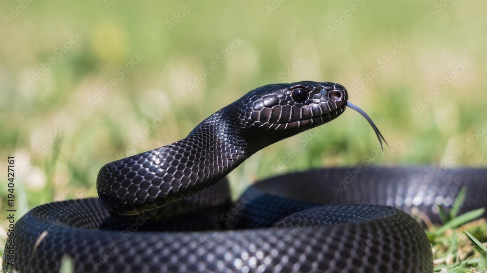 Fototapeta premium Close-up of a black snake in natural habitat with grass background.