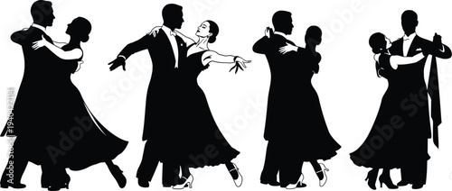 Four Pairs of Elegant Dancers in Ballroom Dance Silhouettes on White Background ballroom dancing couple