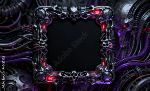 3D vector illustration of a square game interface icon, a dark gothic cyborg style, and a complex structure of biomechanical elements and dark chrome.