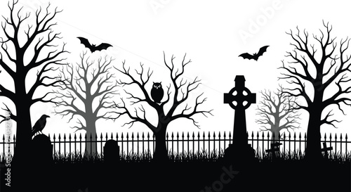 Halloween graveyard silhouette with bare trees owl bats celtic cross and fence cemetery spooky