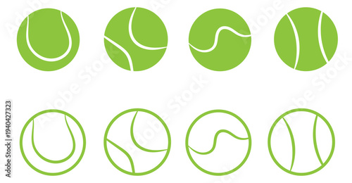Tennis balls collection. Flat minimal sport elements for tennis branding, stickers, patterns, icons or web design. Vector illustration isolated on white