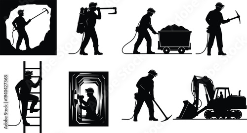 Miner Silhouette Set With Tools And Equipment On White Background untitled