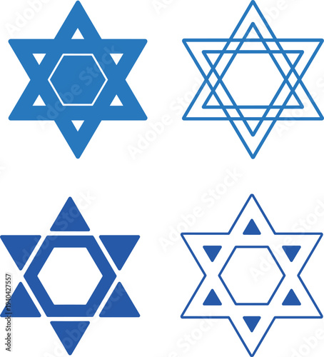 Set of blue Star of David icons in solid and outline styles for Jewish religious design