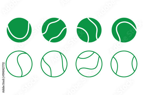 Collection of vector tennis ball icons in simple and clean style. Perfect for sports websites, print materials, infographics, and mobile apps. Available in transparent PNG and editable vector formats.