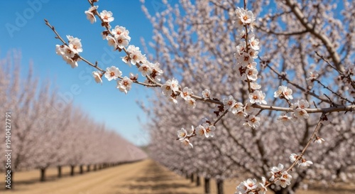 Blooming Trees in Orchard on Sunny Day.
