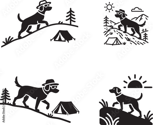 Whimsical Summer Adventure Dog Vector Illustrations Set, Minimalist Canine Hiking, Camping and Outdoor Exploration Graphics for Nature Lovers