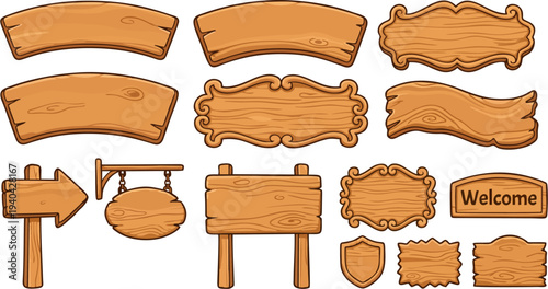 Cartoon Rustic Wooden Sign Boards Vector Set - Curved Banners, Arrow Post, Hanging Chain Sign, Ornate Frames, Shield, Welcome Board and Wavy Plank Collection on