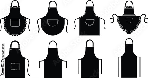Apron vector illustration set, black silhouette designs with diverse styles, straps, ties, and pockets, creative design resource for fashion, culinary, and crafting themes