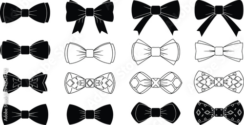 Bow tie vector illustration set, black silhouette designs with diverse shapes, patterns, and styles, creative fashion resource for clothing, accessories, and design themes