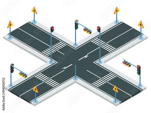 Road Intersection, isometric vector illustration of urban streets with traffic lights, crosswalks, and street signs representing transportation, navigation, safety, and smart city infrastructure 