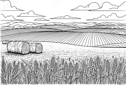 Black and white of a vast agricultural landscape with rolling hills fields and hay bales