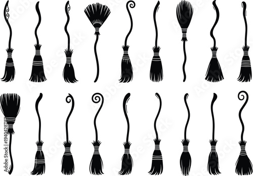 Broomstick vector illustration set, black silhouette designs with diverse handles and bristle styles, creative design resource for fantasy, witchcraft, and magical themes