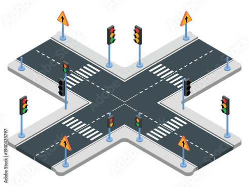 Road Intersection, isometric vector illustration of urban streets with traffic lights, crosswalks, and street signs representing transportation, navigation, safety, and smart city infrastructure 
