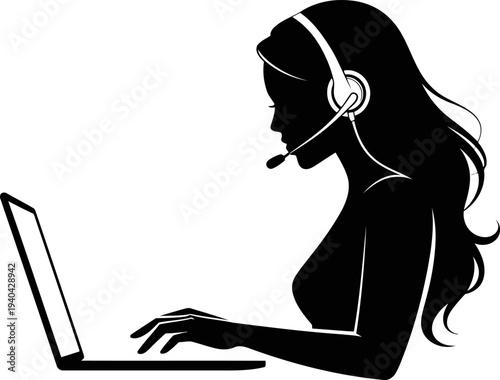 Silhouette of a professional woman or female wearing a headset working on a laptop for customer support services.