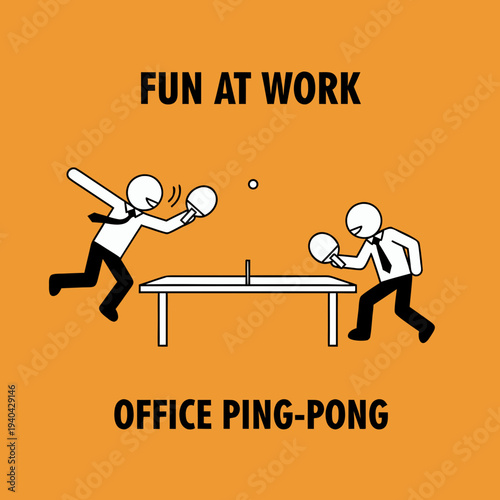 Flat line art illustration of happy office workers in shirts and ties playing a friendly game of table tennis on an orange background for fun at work