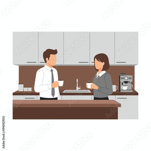 Flat illustration of a businessman and businesswoman standing in a modern office pantry having a coffee break and talking