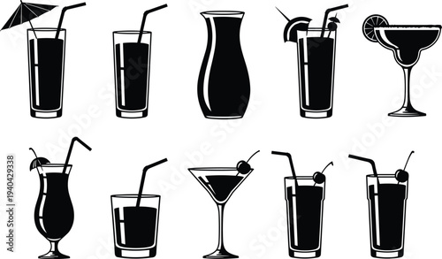 Collection of cocktail and beverage glass silhouettes with straws, fruit garnish and umbrella, tropical drink icons isolated on white background, bar menu illustration set