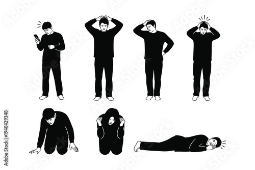 Silhouette illustrations of people in various stressed or exhausted poses