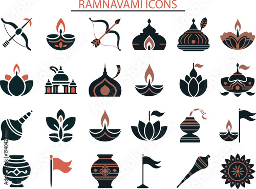 A collection of Ramnavami icons featuring various traditional Indian symbols