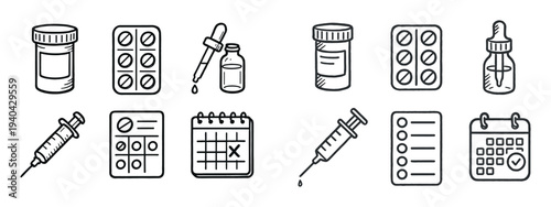 Medical icons with pill bottle and syringe outline