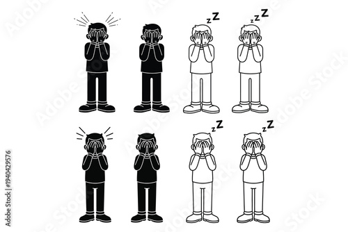 A black and white illustration of eight humanoid figures in two rows