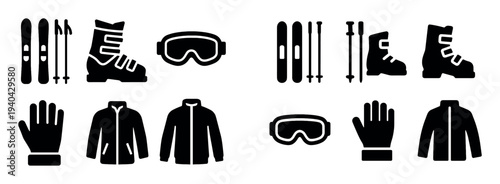 Winter sport icons with skis boot goggles flat