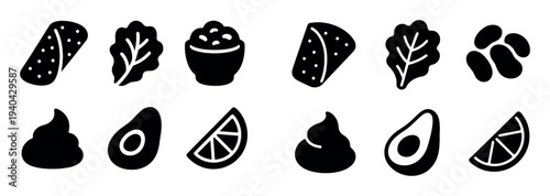 Food icons with wrap avocado and lemon flat
