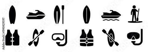 Water sports icons with surfboard jet ski paddleboard bold