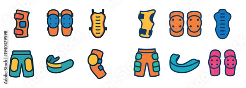 Sports icons with knee pad chest protector flat