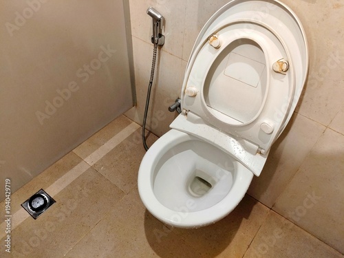 Close-up of a toilet seat in a bathroom interior, highlighting cleanliness, hygiene, and modern sanitation facilities.