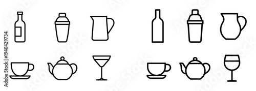 Drink icons with bottle shaker pitcher minimal outline