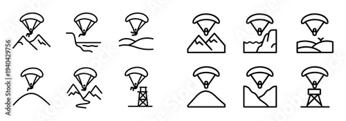 Rescue parachute icons with mountain river outline