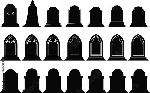 Gravestone and tombstone silhouette collection with RIP monument shapes, cemetery memorial icons set isolated on white background, spooky Halloween graveyard vector illustrationGravestone 