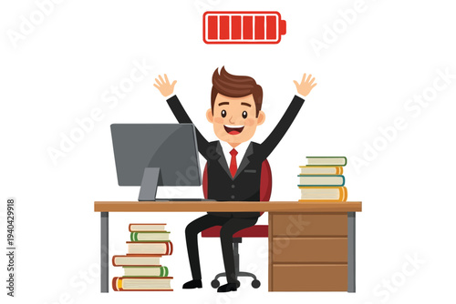 A cartoon businessman celebrating with arms raised at his desk with a computer and books