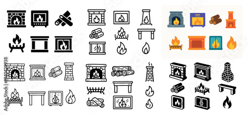 Fireplace icons with hearth logs flame outline