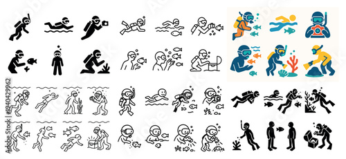 Water activities icons with diver snorkel swim outline