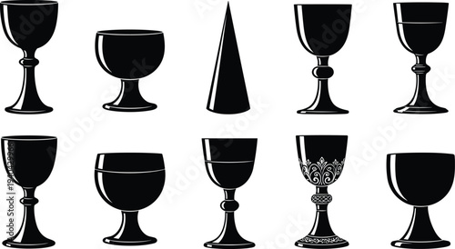 Goblet vector illustration set, black silhouette designs with diverse shapes, bowls, stems, and bases, creative design resource for drinkware, dining, and decorative themes