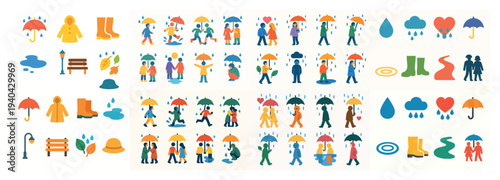 Rain icons with umbrella boots puddle colorful style