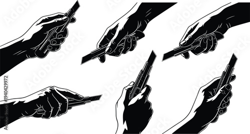 Hand holding utility knife vector illustration set, black silhouette designs showing different grips and positions, creative design resource for tools, safety, and instructional themes