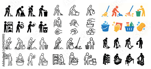 Cleaning icons with mop bucket sponge flat colorful